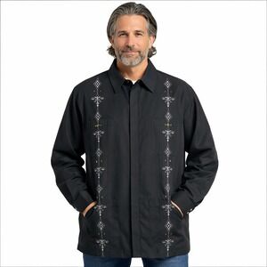 Irvine Park Mens Black Embroidered Guayabera Zip Front Shirt Long Sleeve Large